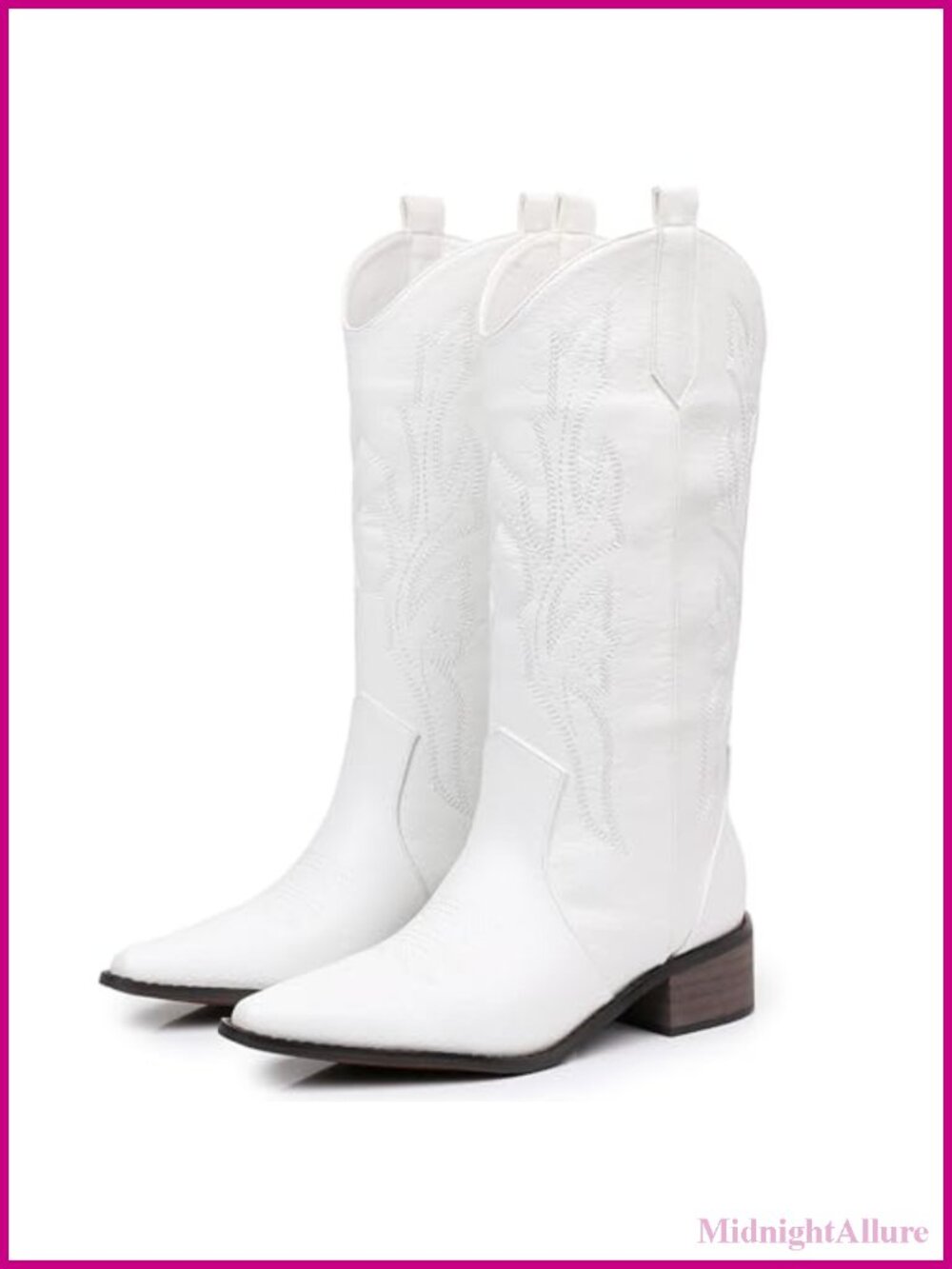 Western Cowboy Boots Faux Leather Chunky Block Heel Mid-Calf Pointed Toe